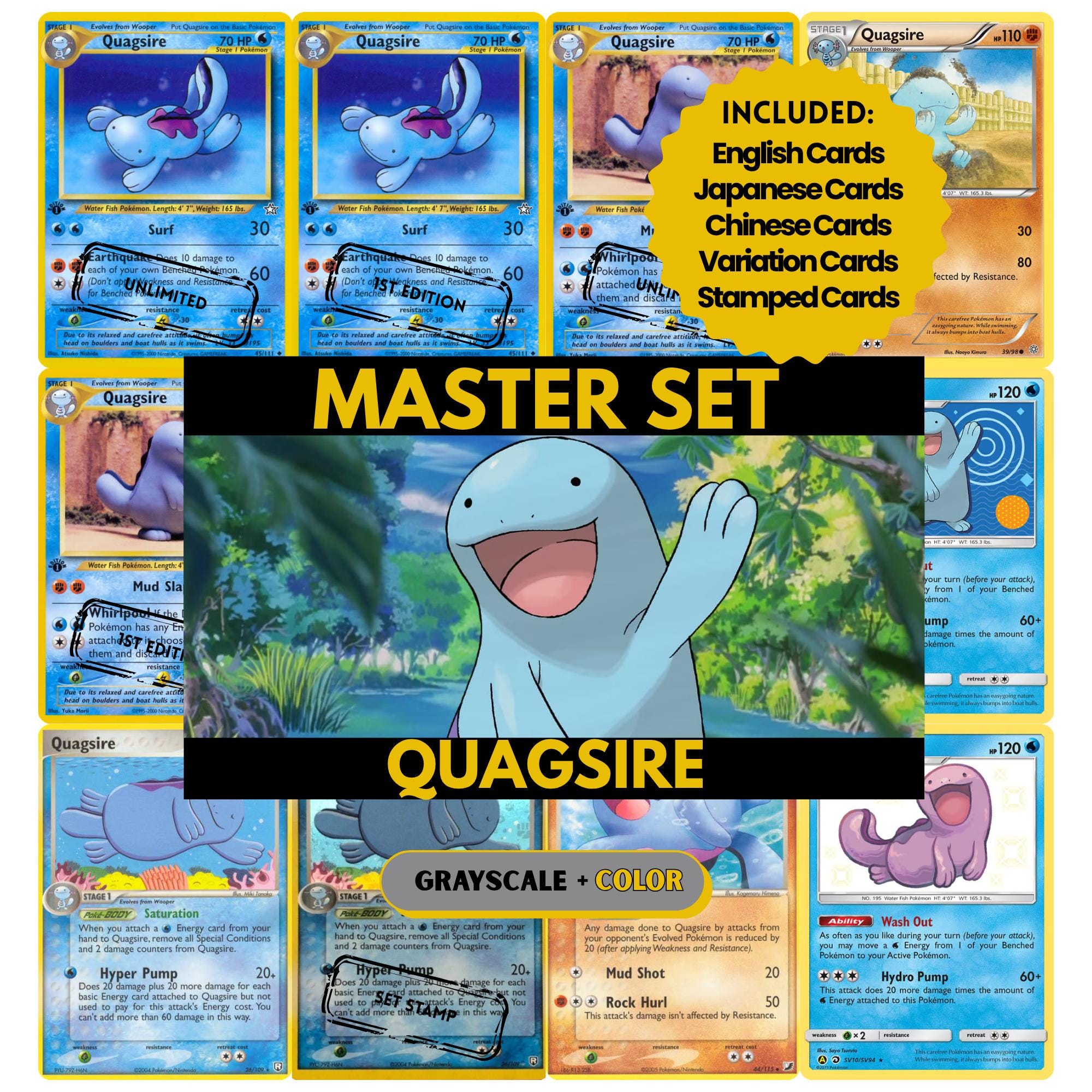 Quagsire binder pages set showing grayscale and color Pokémon cards, designed as a digital download to complete a collector’s binder.