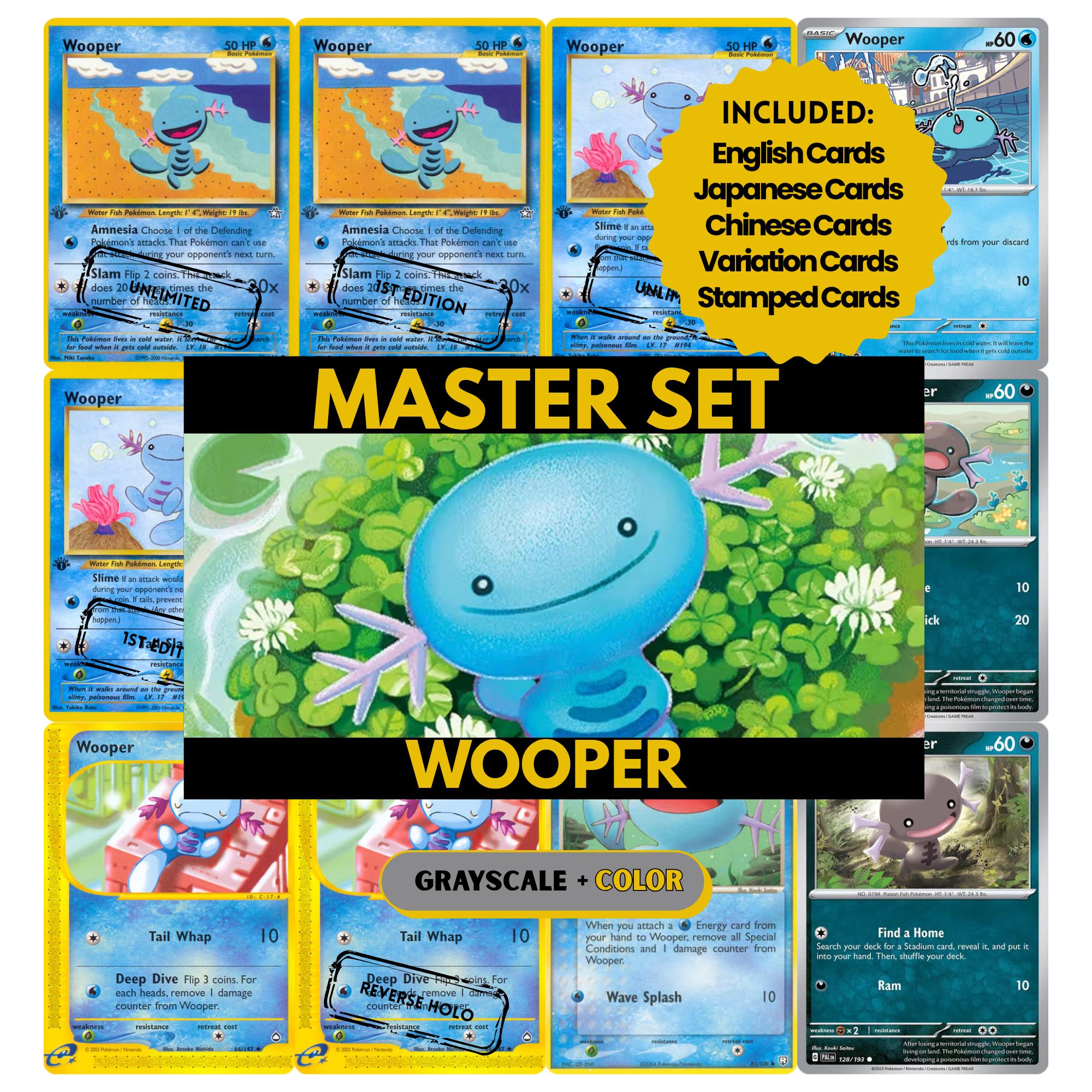 Wooper binder pages set showing grayscale and color Pokémon cards, designed as a digital download to complete a collector’s binder.