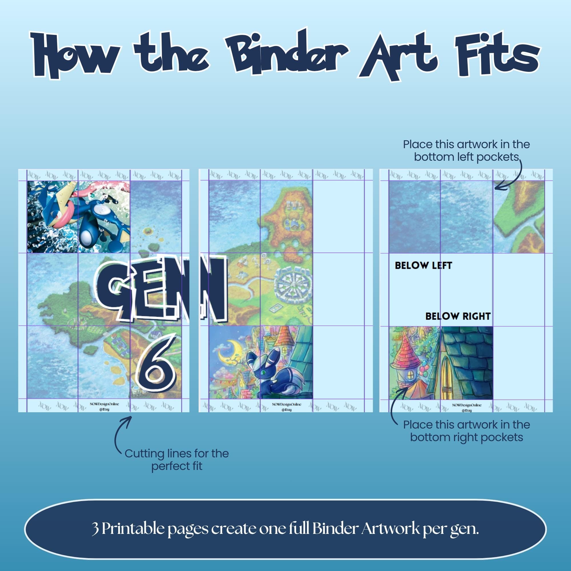 Example showing how the printable Pokémon binder art connects across multiple 20 pocket binder pages to create one complete artwork.