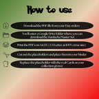 Hawlucha cards digital download instructions explaining how to print, cut, and place placeholders in a Pokémon binder.