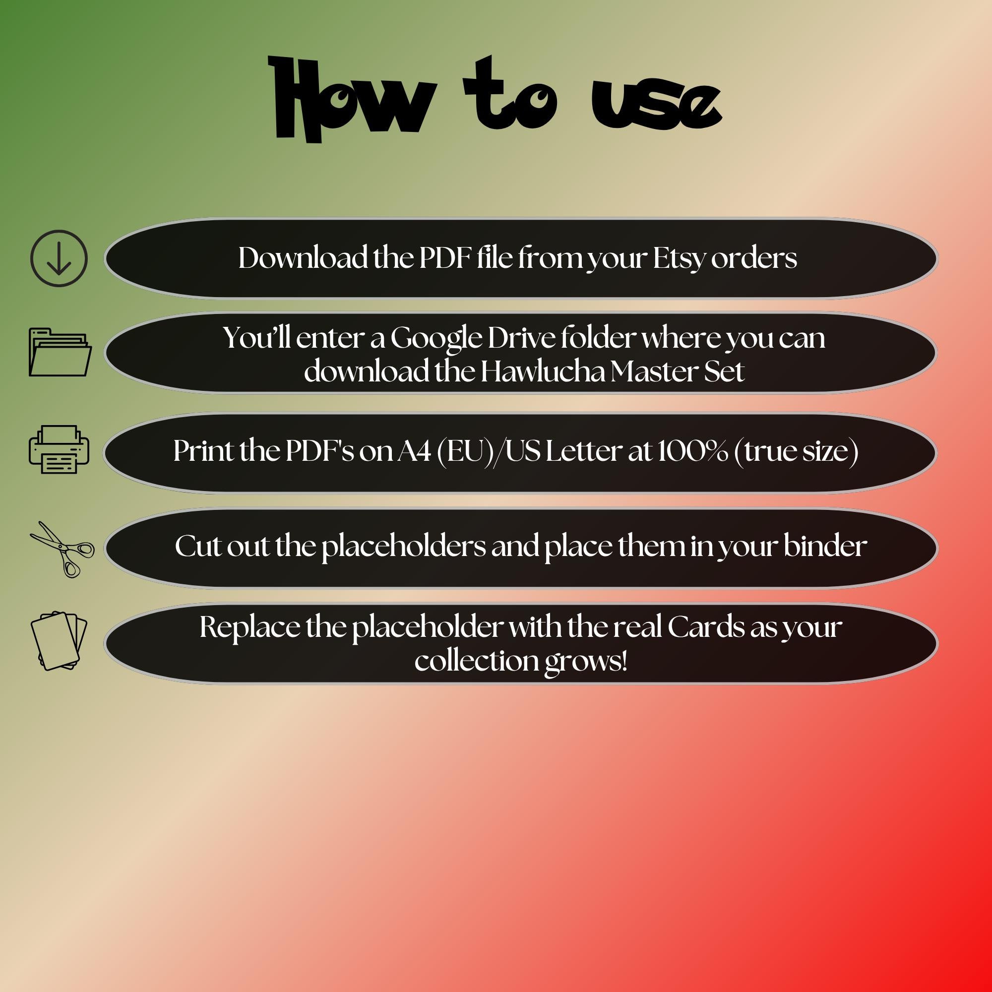 Hawlucha cards digital download instructions explaining how to print, cut, and place placeholders in a Pokémon binder.