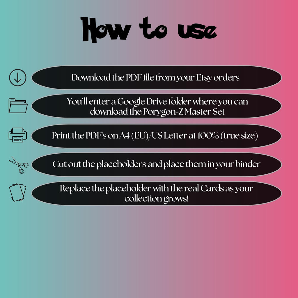 Porygon-Z cards digital download instructions explaining how to print, cut, and place placeholders in a Pokémon binder.