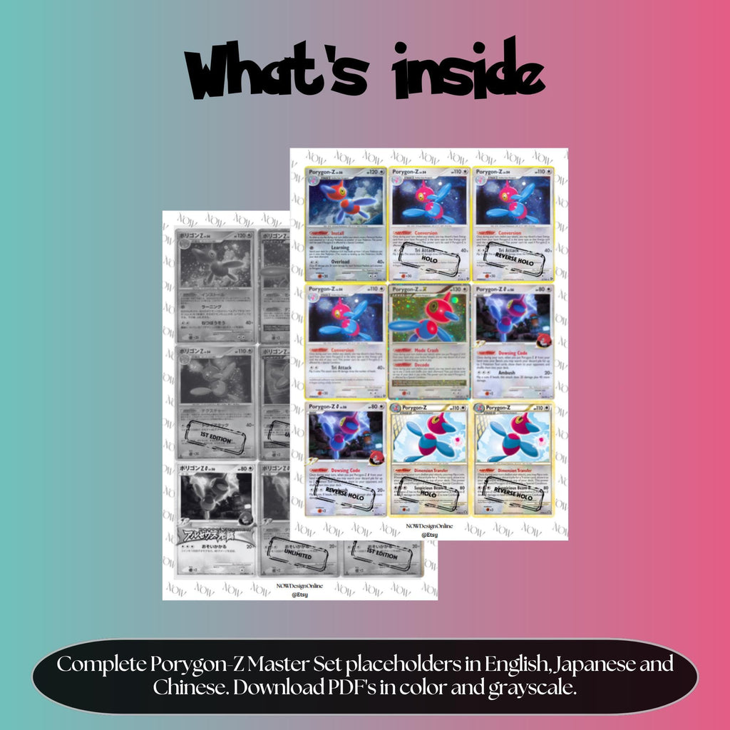 Porygon-Z binder pages set overview showing the included Pokémon cards to print and cut for your binder sleeves.