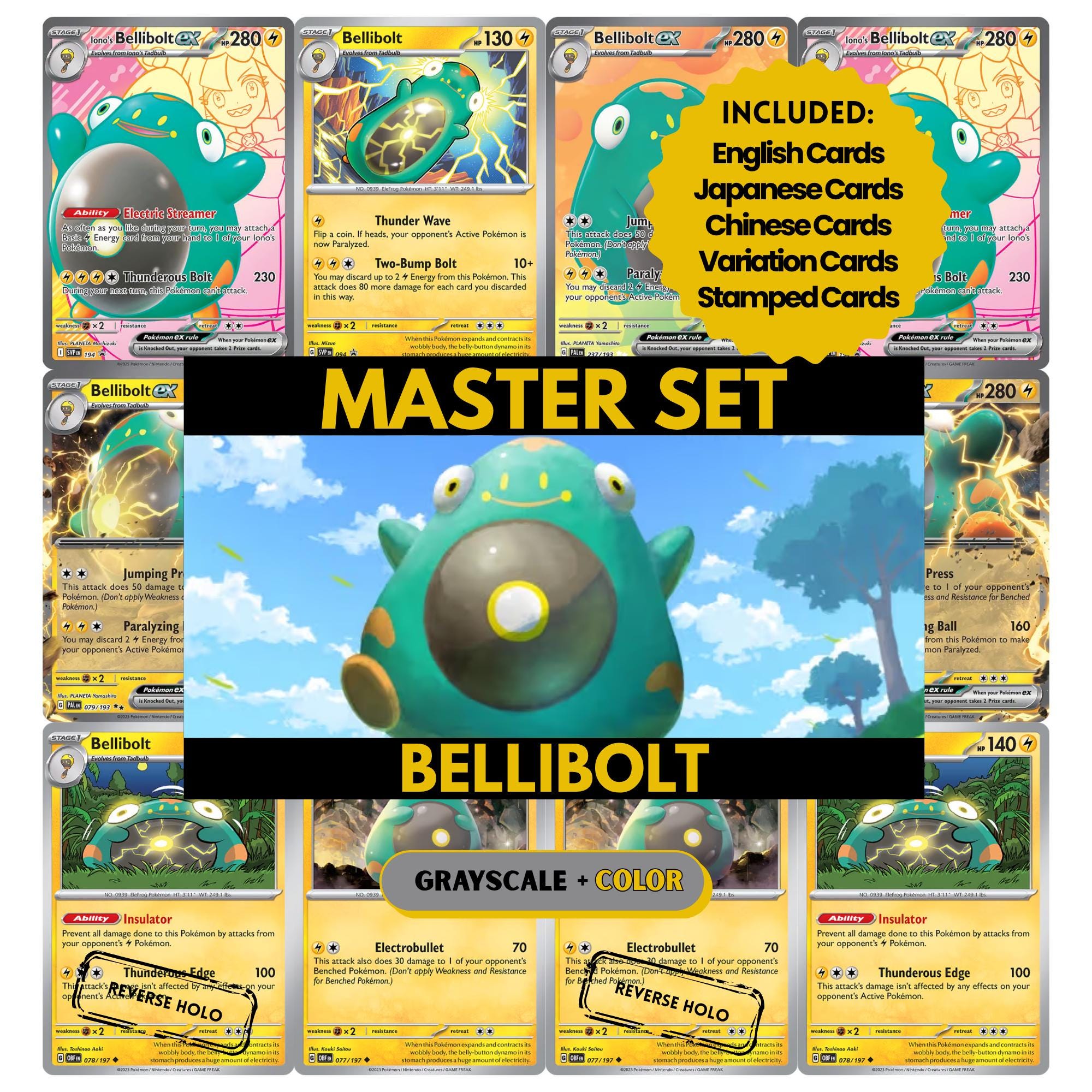 Bellibolt binder pages set showing grayscale and color Pokémon cards, designed as a digital download to complete a collector’s binder.