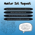 Pokémon Master Set request guide showing how to order custom placeholders with personalization and 48-hour delivery via Etsy messages.