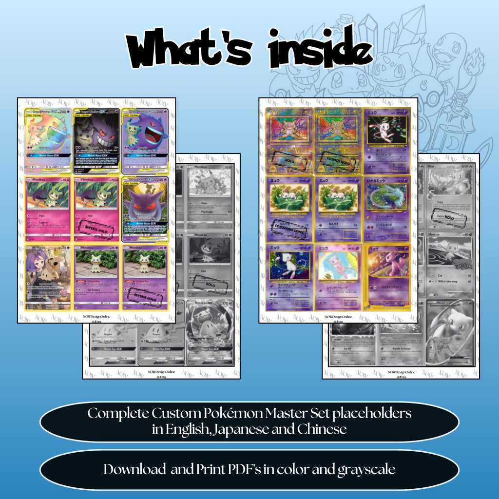 Custom Pokémon Master Set placeholders overview showing included binder pages to print, cut and place in your collection.