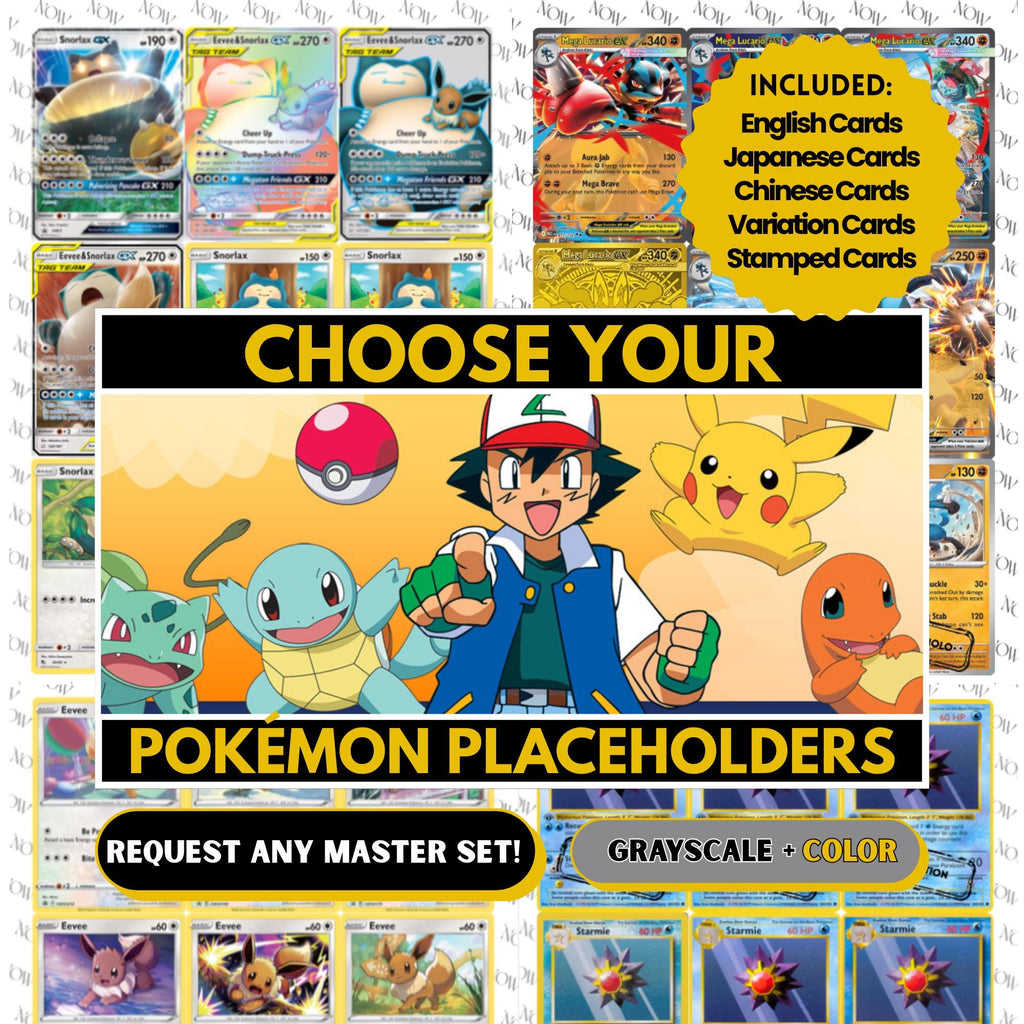Pokémon Master Set Placeholders request binder pages showing grayscale and color placeholders, custom digital download for any Pokémon binder.