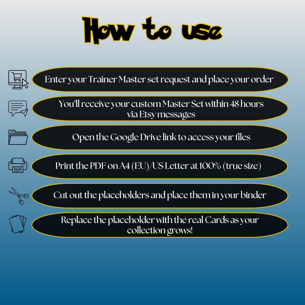 Pokémon Trainer Master Set request instructions explaining how to download, print at 100%, cut and place placeholders in your binder.