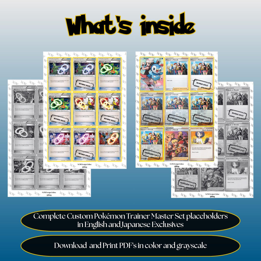 Custom Pokémon Trainer Master Set placeholders overview showing included binder pages to print, cut and place in your collection.