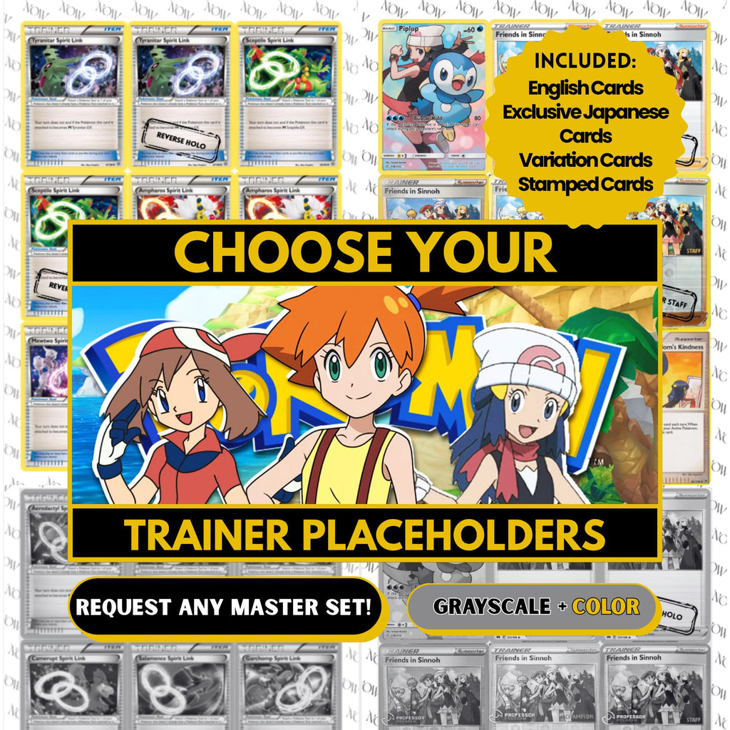 Pokémon Trainer Master Set Placeholders request binder pages showing grayscale and color placeholders, custom digital download for any Pokémon Trainer binder.