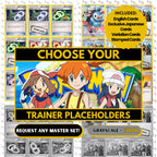 Pokémon Trainer Master Set Placeholders request binder pages showing grayscale and color placeholders, custom digital download for any Pokémon Trainer binder.