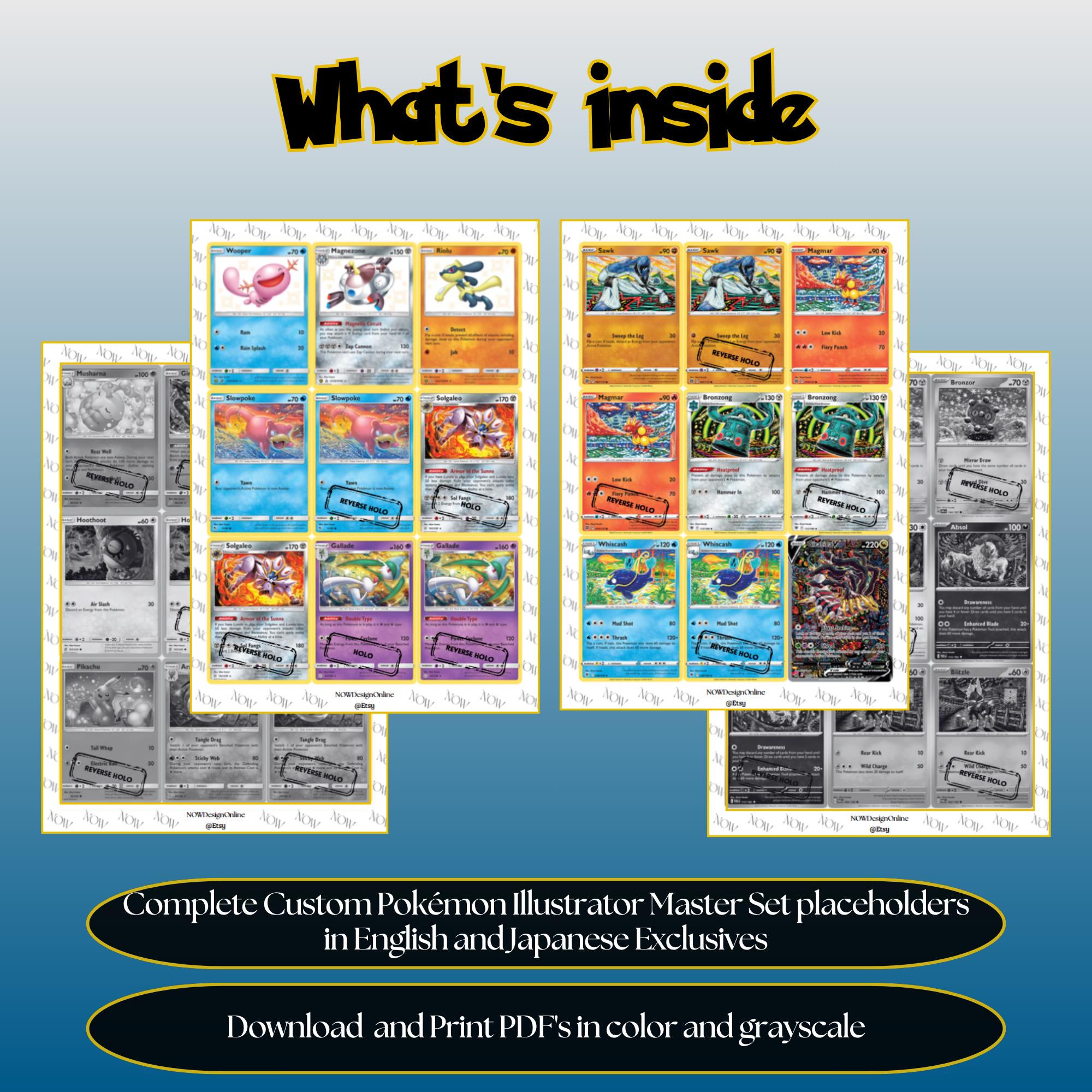Custom Pokémon Illustrator Master Set placeholders overview showing included binder pages to print, cut and place in your collection.
