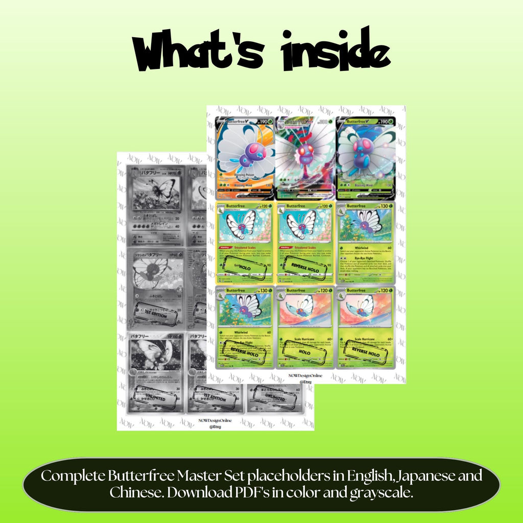 Butterfree binder pages set overview showing the included Pokémon cards to print and cut for your binder sleeves.