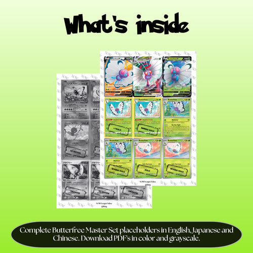 Butterfree binder pages set overview showing the included Pokémon cards to print and cut for your binder sleeves.