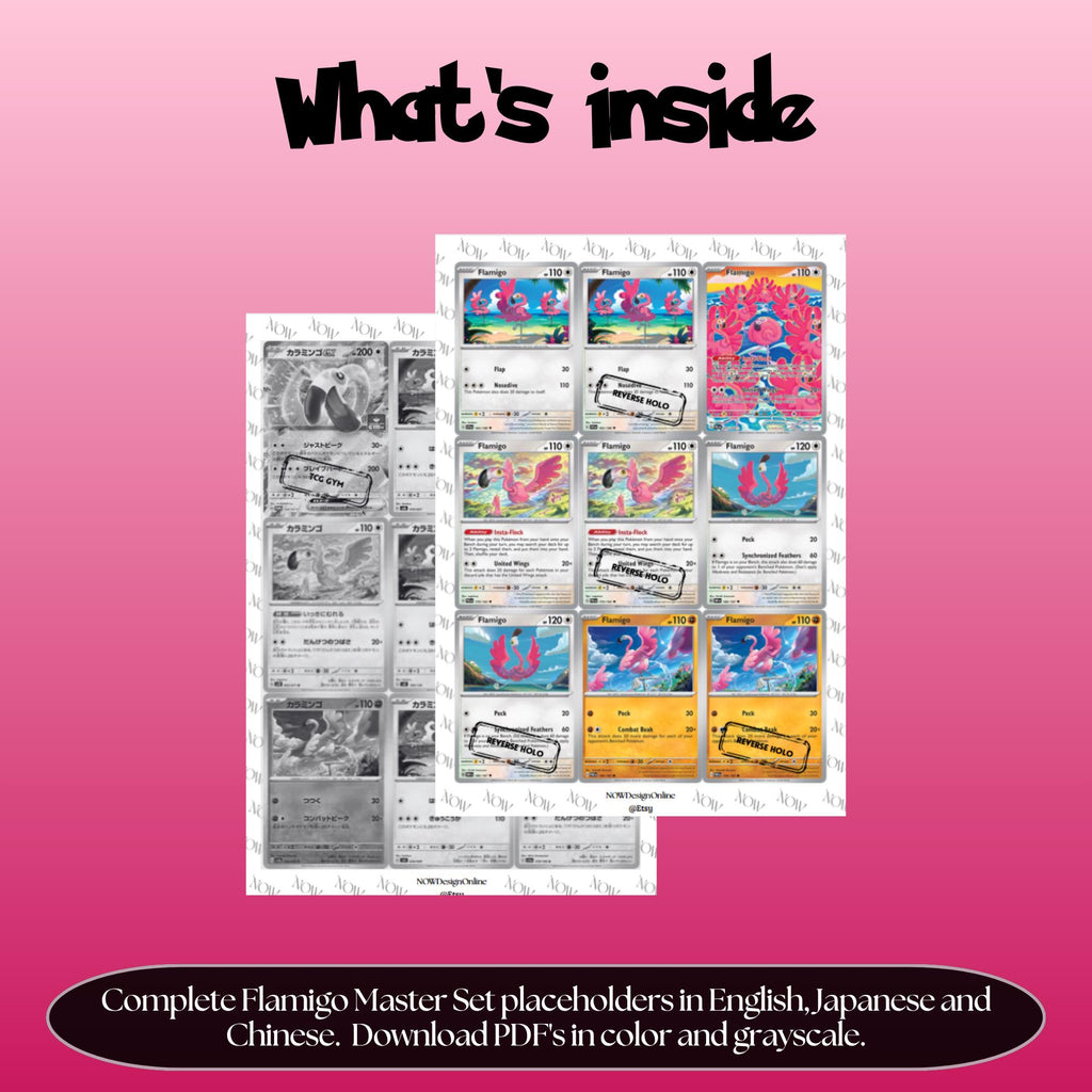 Flamigo binder pages set overview showing the included Pokémon cards to print and cut for your binder sleeves.