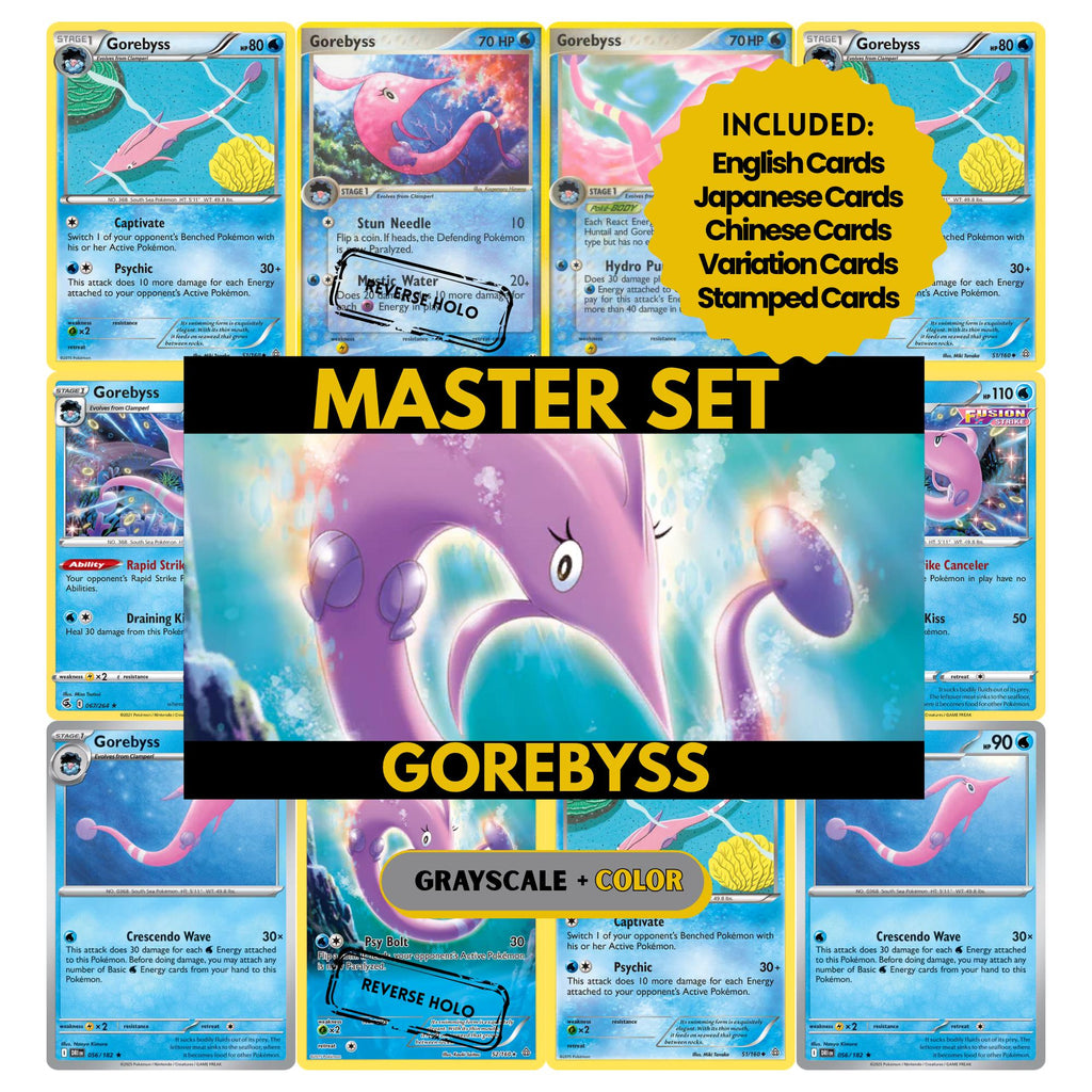 Gorebyss binder pages set showing grayscale and color Pokémon cards, designed as a digital download to complete a collector’s binder.