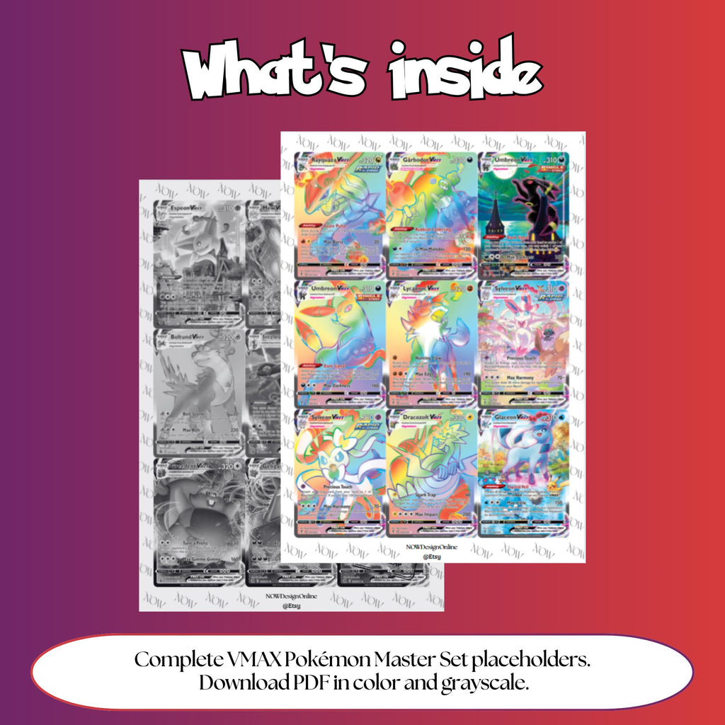 Vmax Pokémon binder pages set overview showing the included Pokémon cards to print and cut for your binder sleeves.