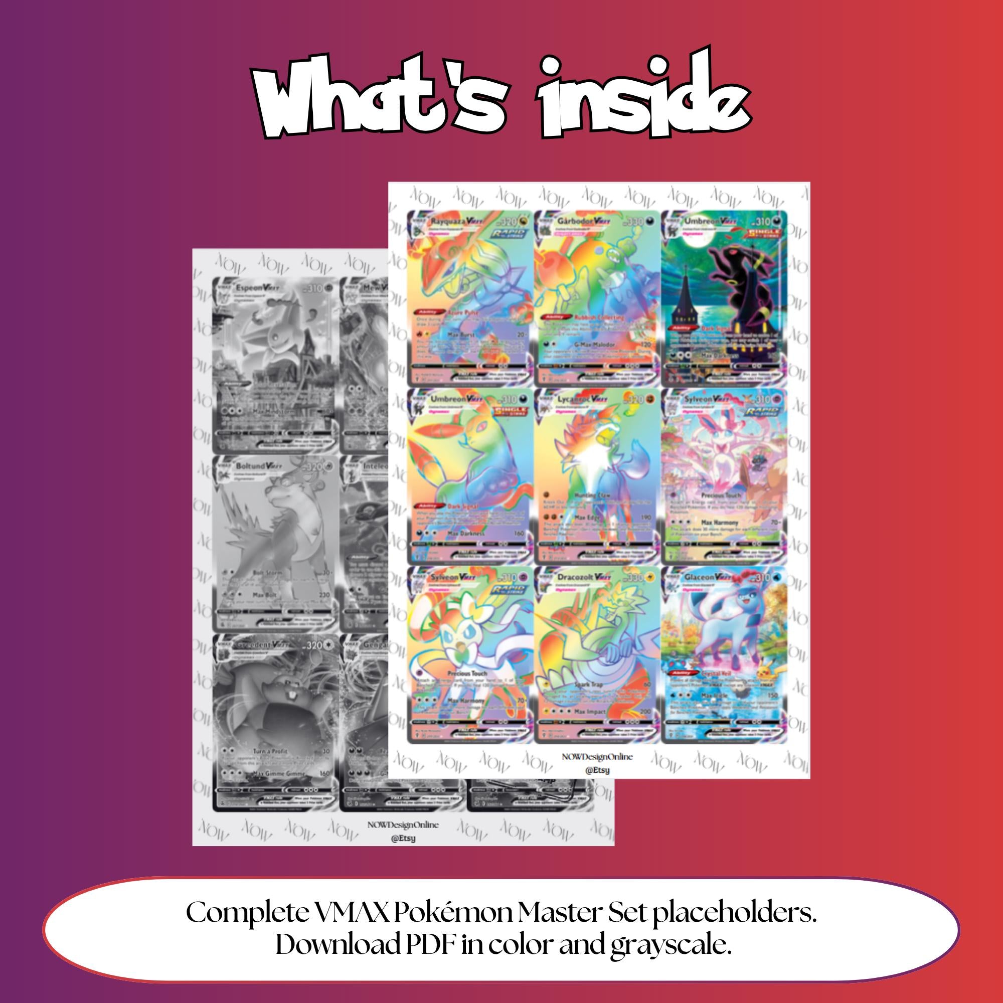 Vmax Pokémon binder pages set overview showing the included Pokémon cards to print and cut for your binder sleeves.