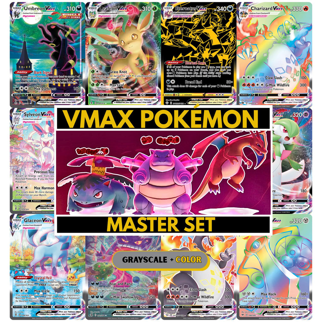 Vmax Pokémon binder pages set showing grayscale and color Pokémon cards, designed as a digital download to complete a collector’s binder.