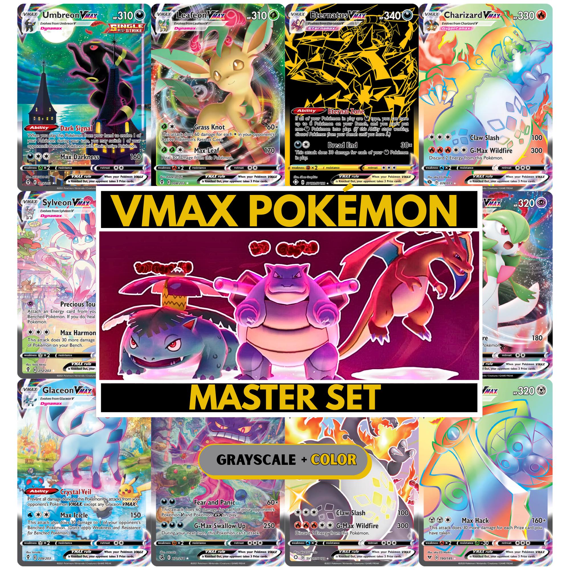 Vmax Pokémon binder pages set showing grayscale and color Pokémon cards, designed as a digital download to complete a collector’s binder.