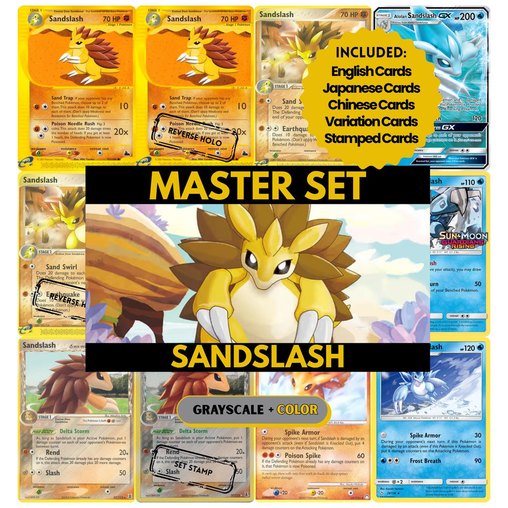 Sandslash binder pages set showing grayscale and color Pokémon cards, designed as a digital download to complete a collector’s binder.