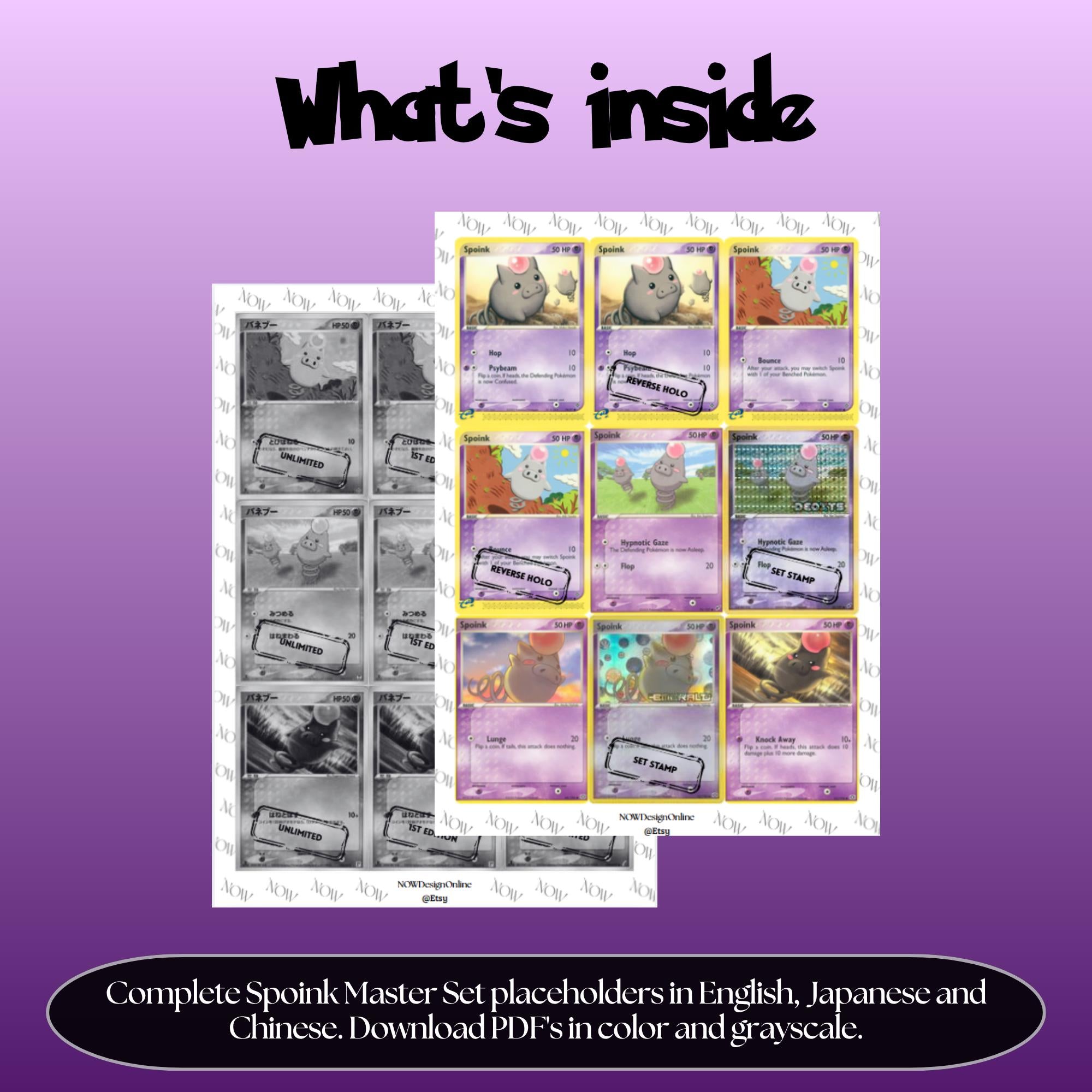 Spoink binder pages set overview showing the included Pokémon cards to print and cut for your binder sleeves.