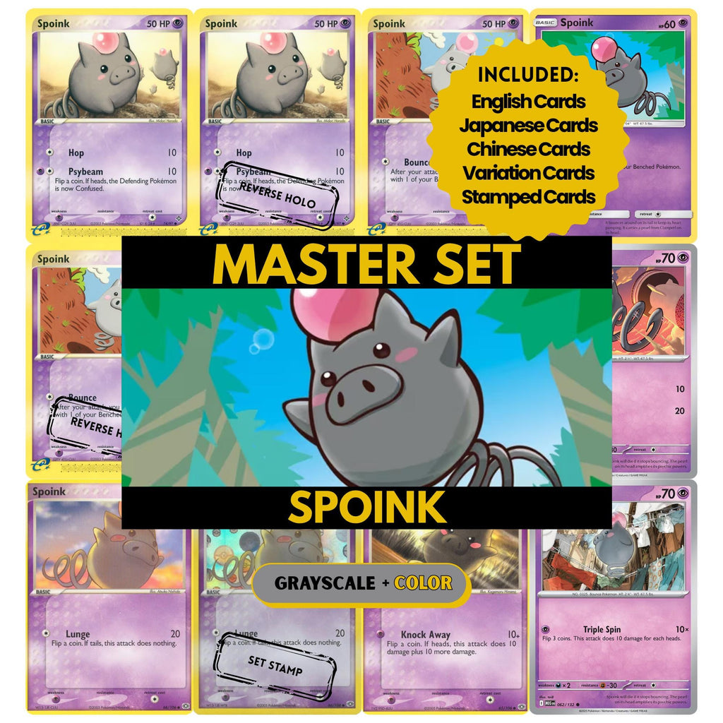 Spoink binder pages set showing grayscale and color Pokémon cards, designed as a digital download to complete a collector’s binder.