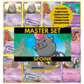 Spoink binder pages set showing grayscale and color Pokémon cards, designed as a digital download to complete a collector’s binder.