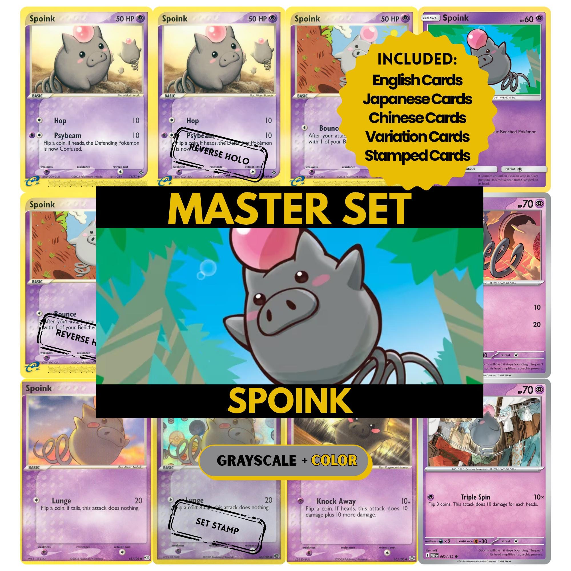Spoink binder pages set showing grayscale and color Pokémon cards, designed as a digital download to complete a collector’s binder.