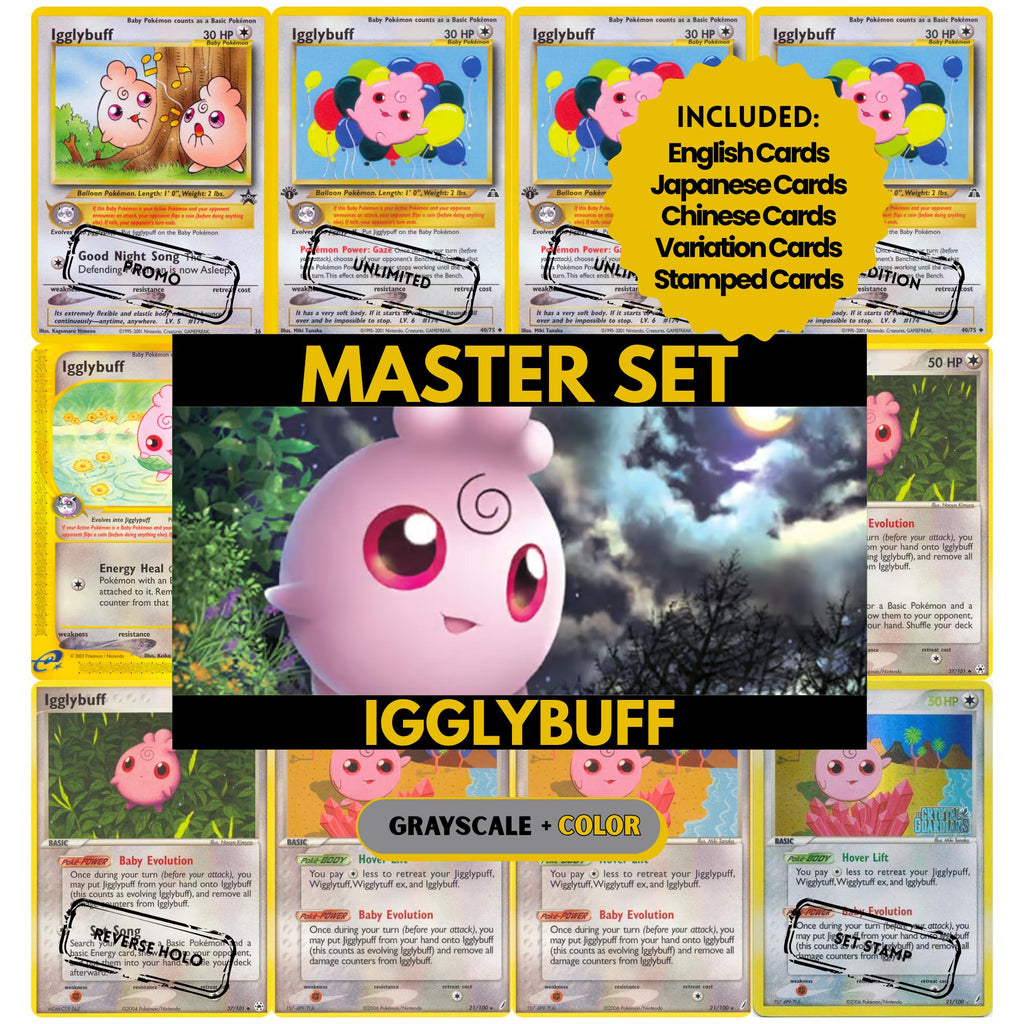 Igglybuff binder pages set showing grayscale and color Pokémon cards, designed as a digital download to complete a collector’s binder.