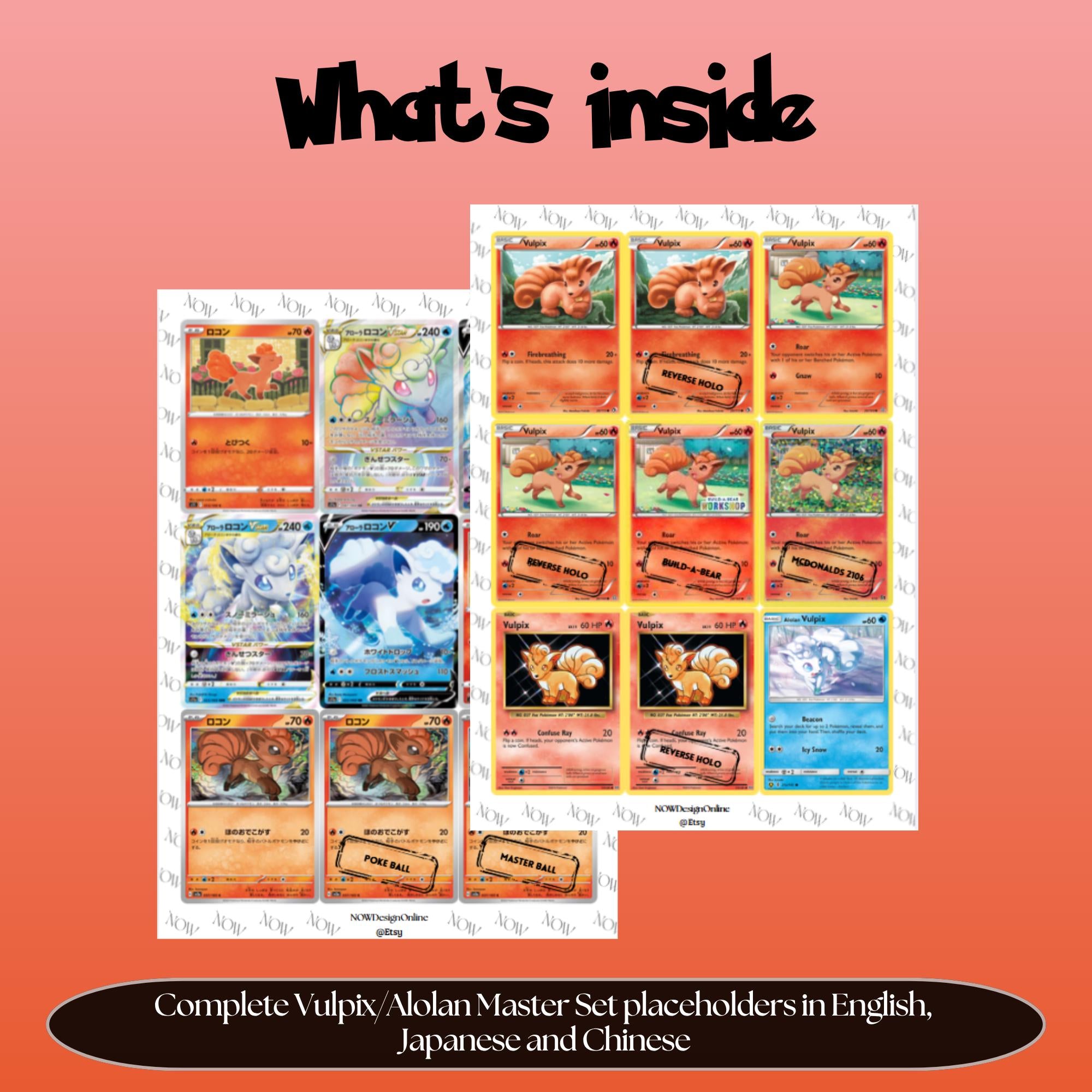 Vulpix binder pages set overview showing the included Pokémon cards to print and cut for your binder sleeves.