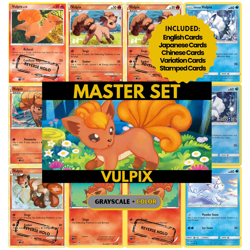 Vulpix/Alolan binder pages set showing grayscale and color Pokémon cards, designed as a digital download to complete a collector’s binder.