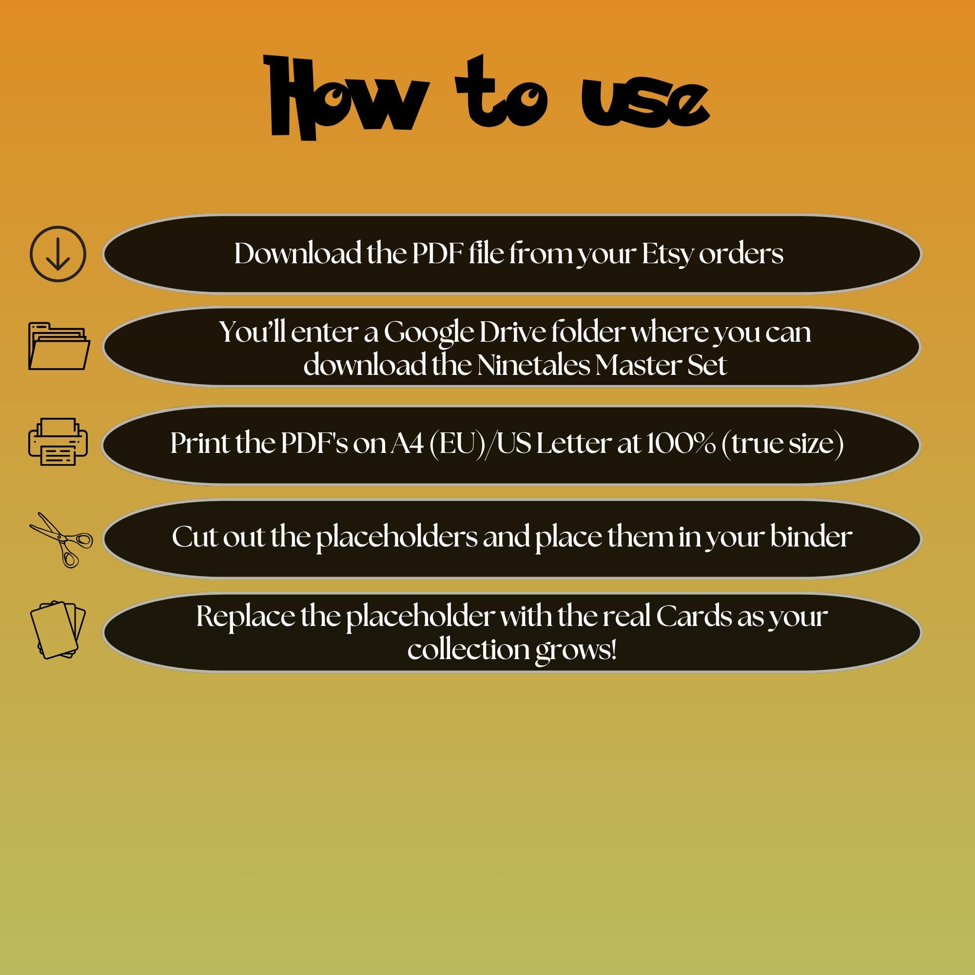Ninetales cards digital download instructions explaining how to print, cut, and place placeholders in a Pokémon binder.