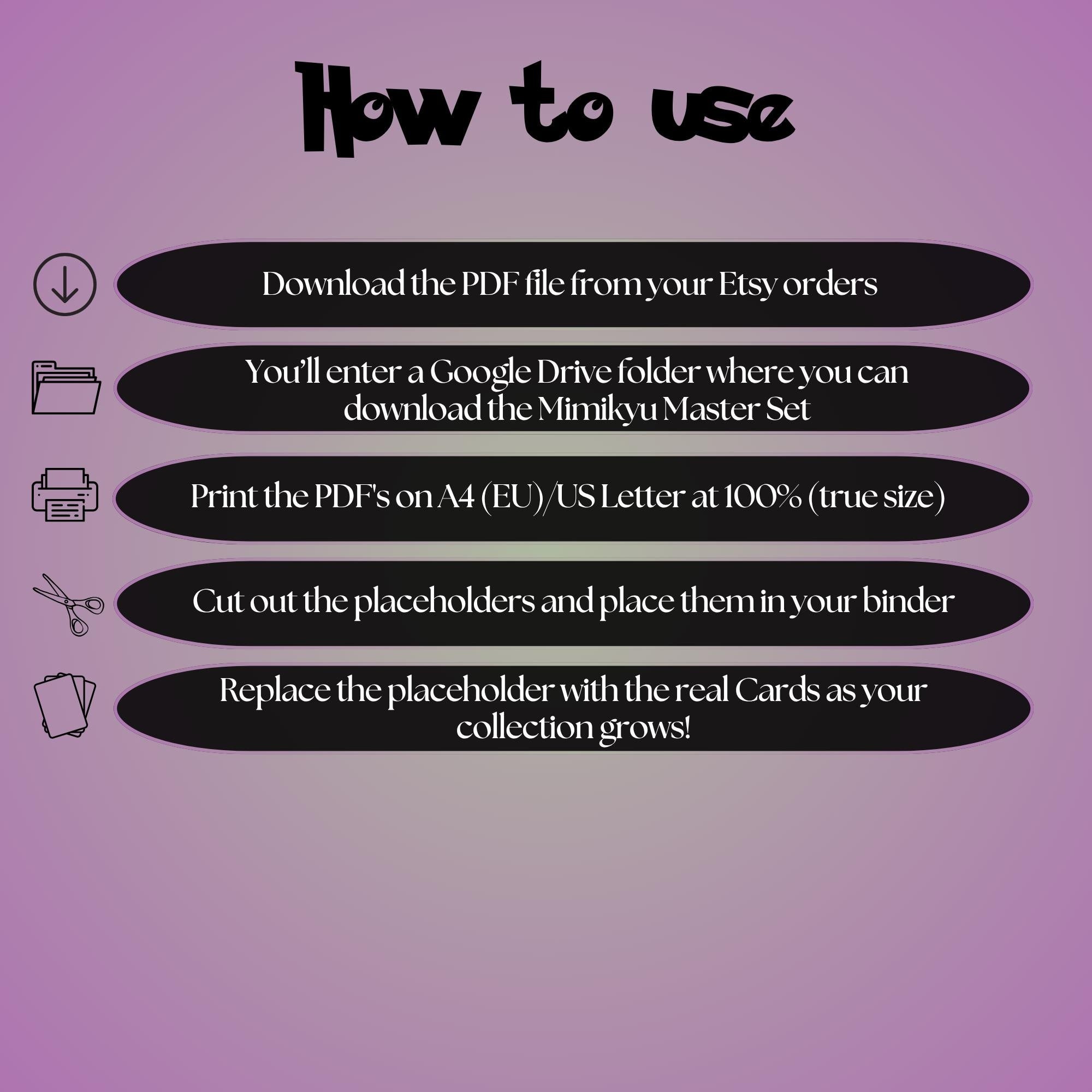 Mimikyu cards digital download instructions explaining how to print, cut, and place placeholders in a Pokémon binder.
