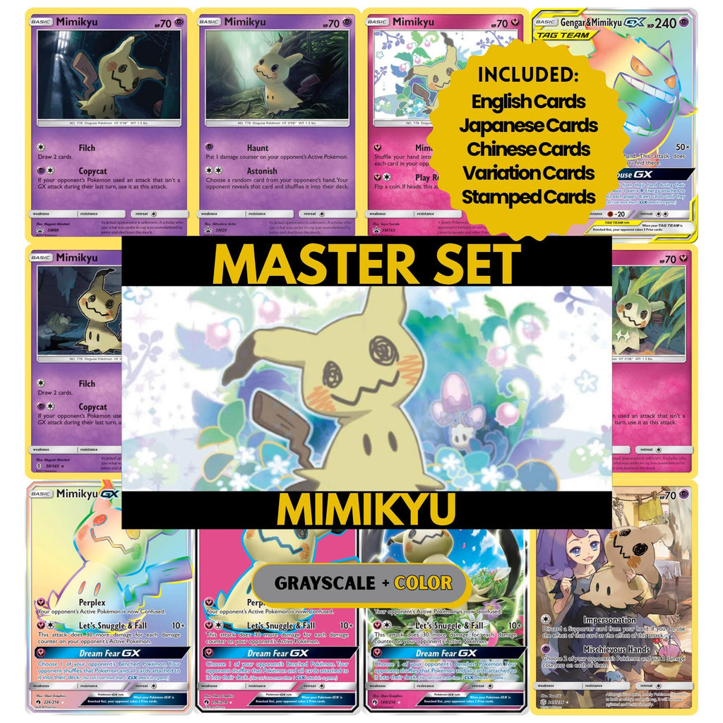 Mimikyu binder pages set showing grayscale and color Pokémon cards, designed as a digital download to complete a collector’s binder.