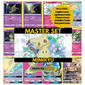 Mimikyu binder pages set showing grayscale and color Pokémon cards, designed as a digital download to complete a collector’s binder.