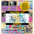 Mimikyu binder pages set showing grayscale and color Pokémon cards, designed as a digital download to complete a collector’s binder.
