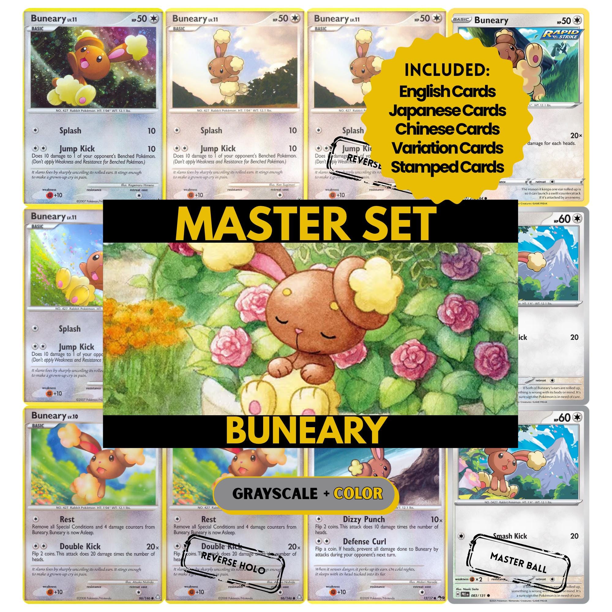 Buneary binder pages set showing grayscale and color Pokémon cards, designed as a digital download to complete a collector’s binder.