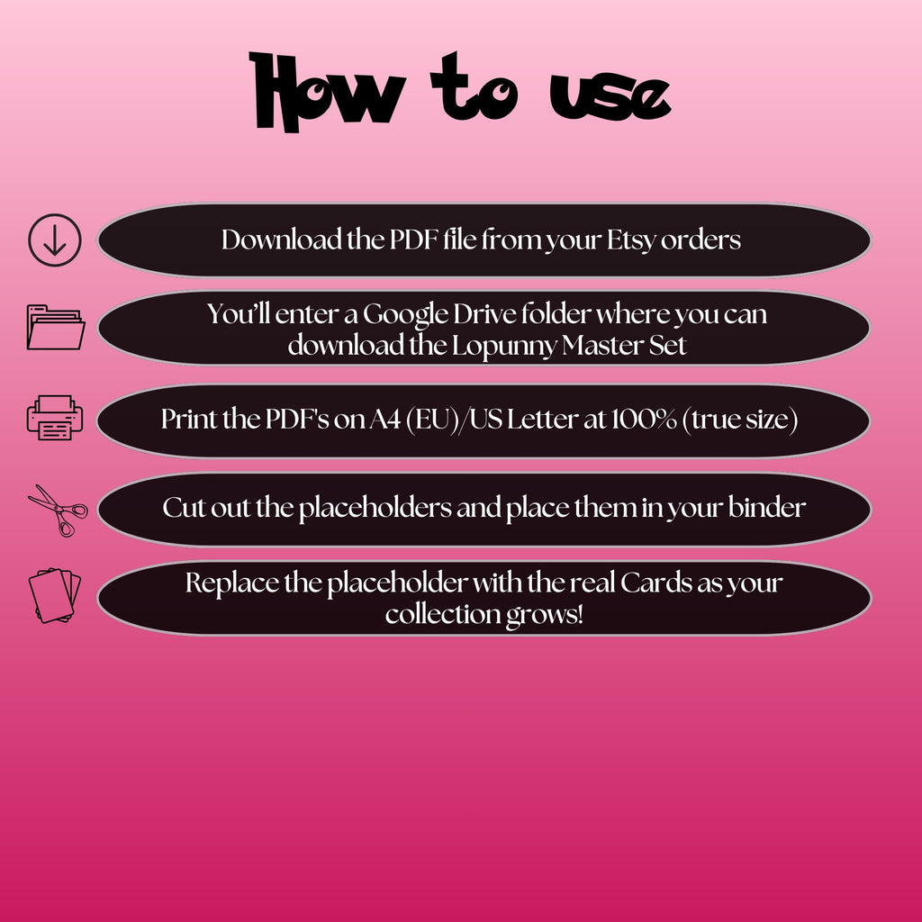 Lopunny cards digital download instructions explaining how to print, cut, and place placeholders in a Pokémon binder.