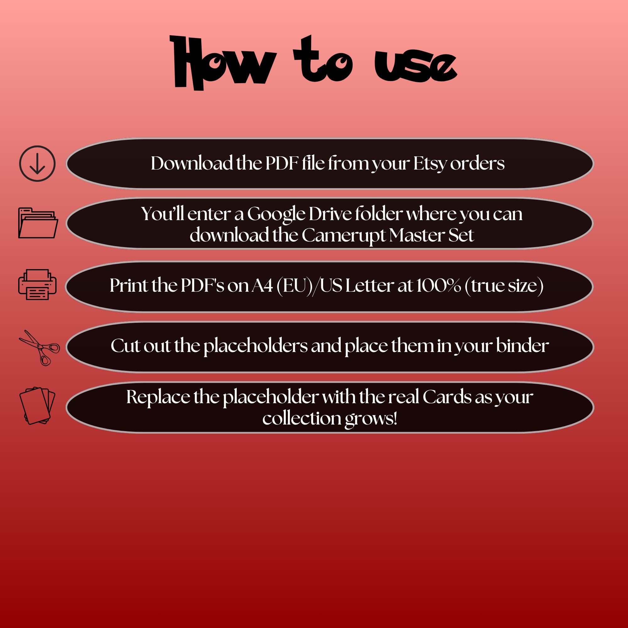 Camerupt cards digital download instructions explaining how to print, cut, and place placeholders in a Pokémon binder.