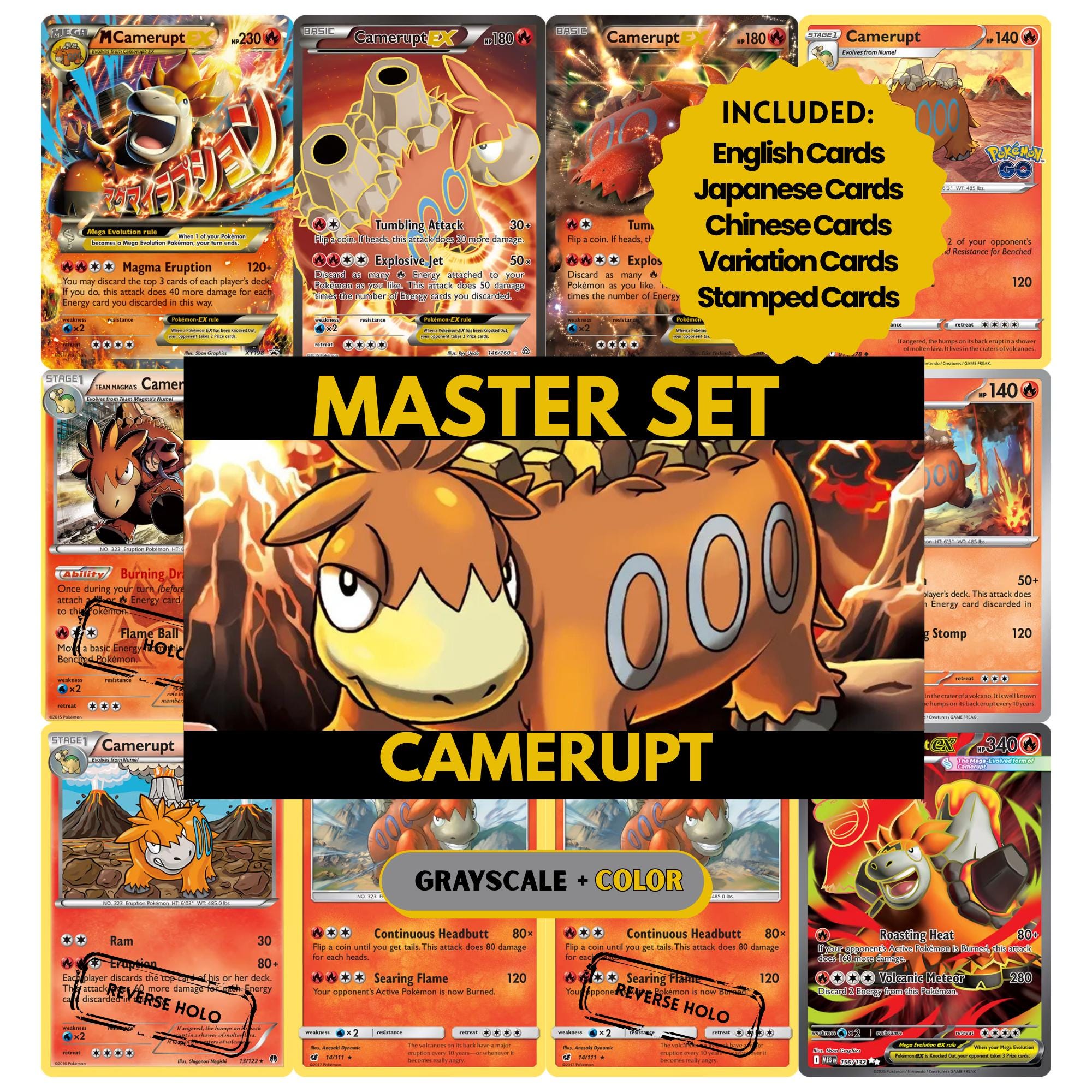 Camerupt binder pages set showing grayscale and color Pokémon cards, designed as a digital download to complete a collector’s binder.