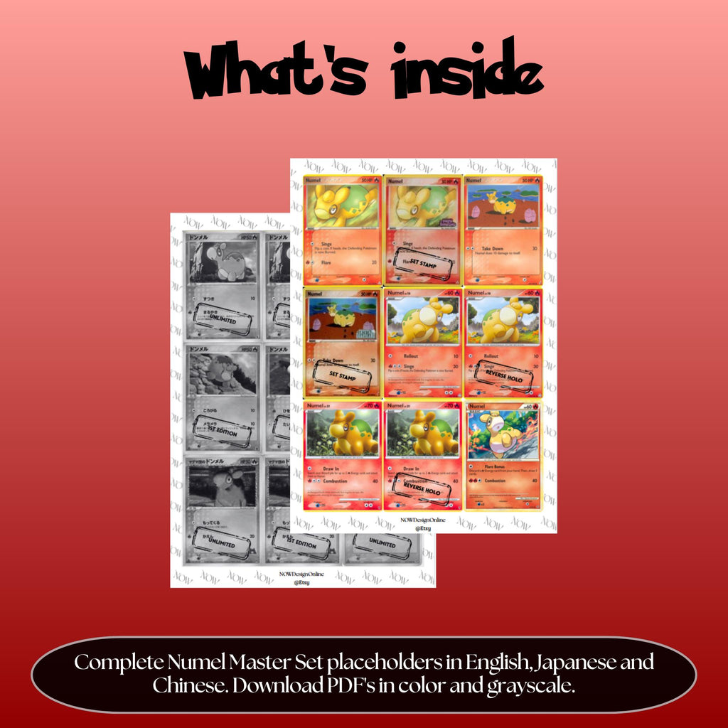 Numel binder pages set overview showing the included Pokémon cards to print and cut for your binder sleeves.