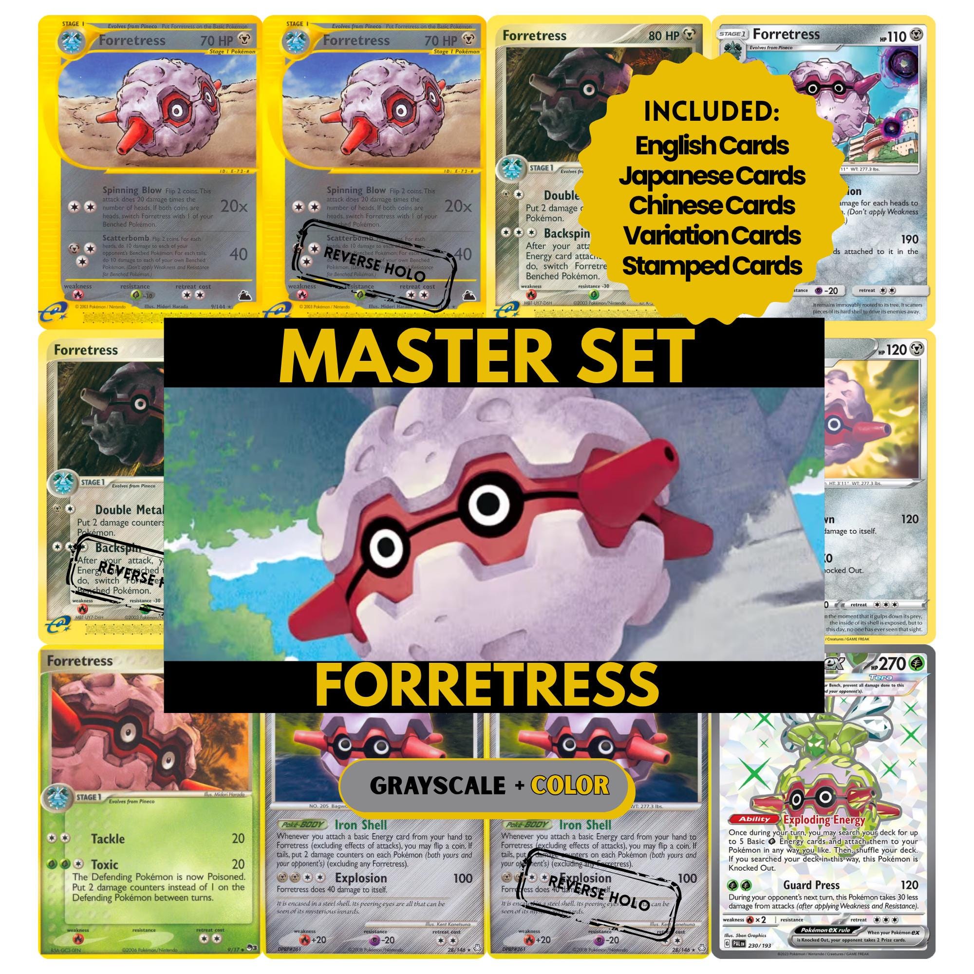 Forretress binder pages set showing grayscale and color Pokémon cards, designed as a digital download to complete a collector’s binder.