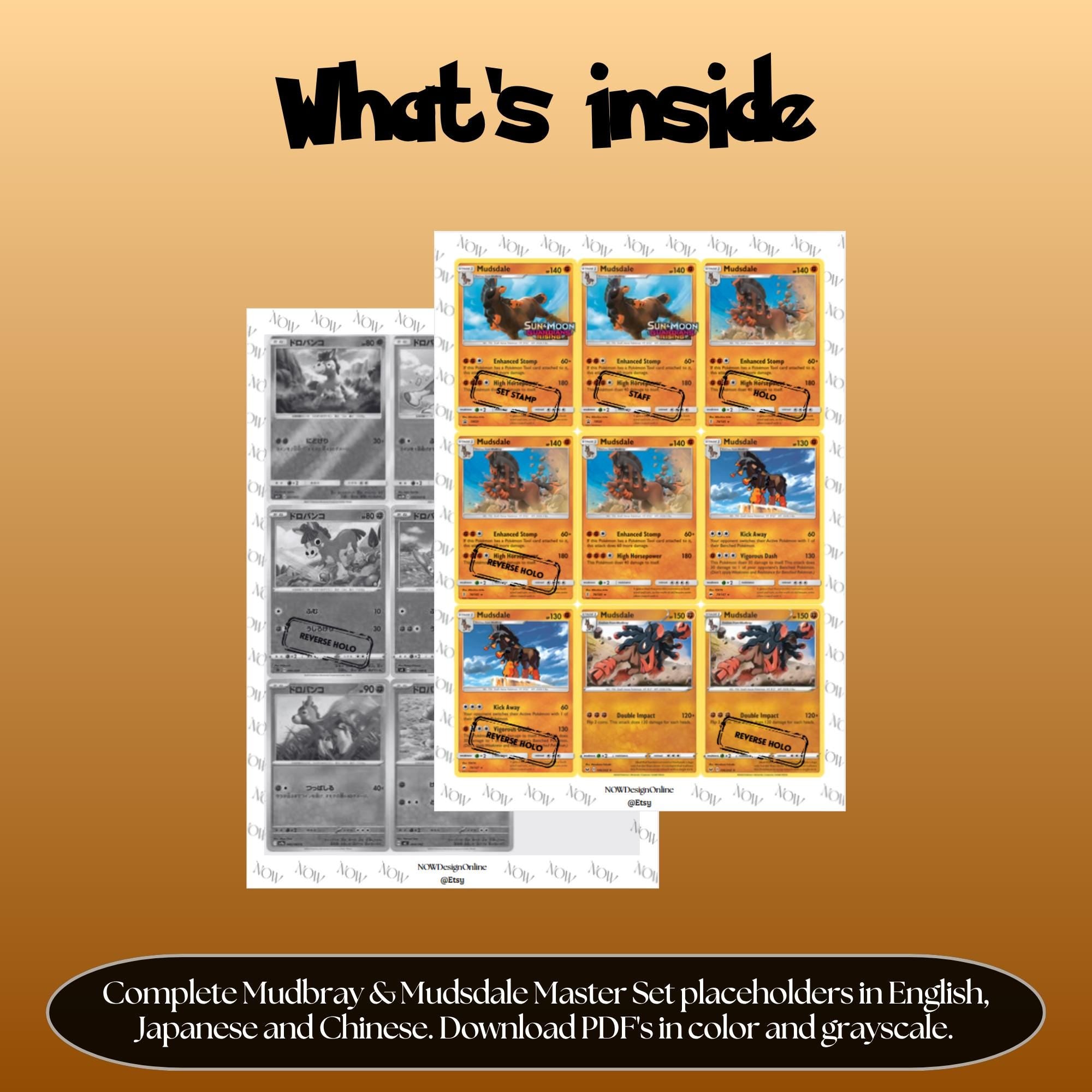 Mudbray & Mudsdale binder pages set overview showing the included Pokémon cards to print and cut for your binder sleeves.