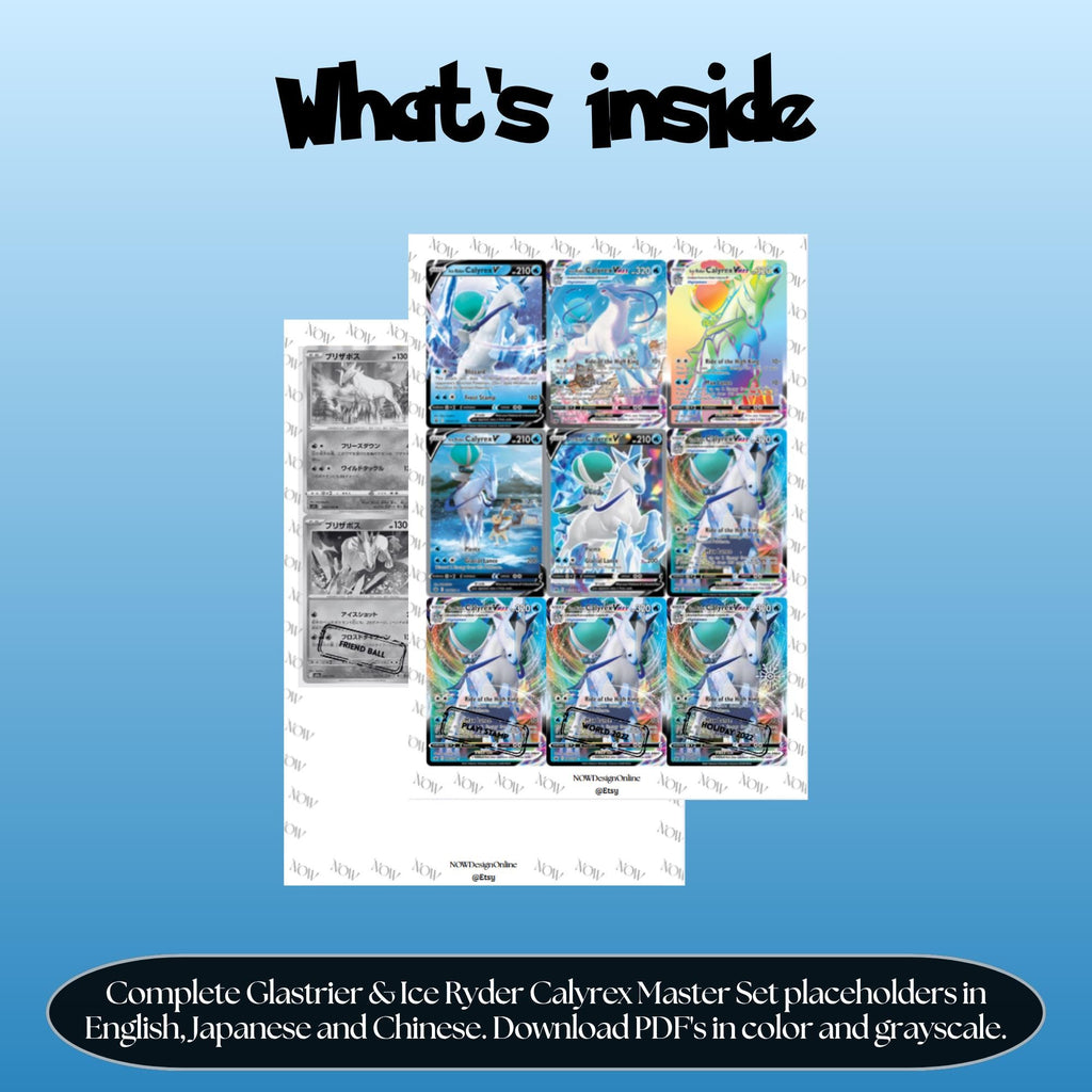 Glastrier & Ice Rider Calyrex binder pages set overview showing the included Pokémon cards to print and cut for your binder sleeves.