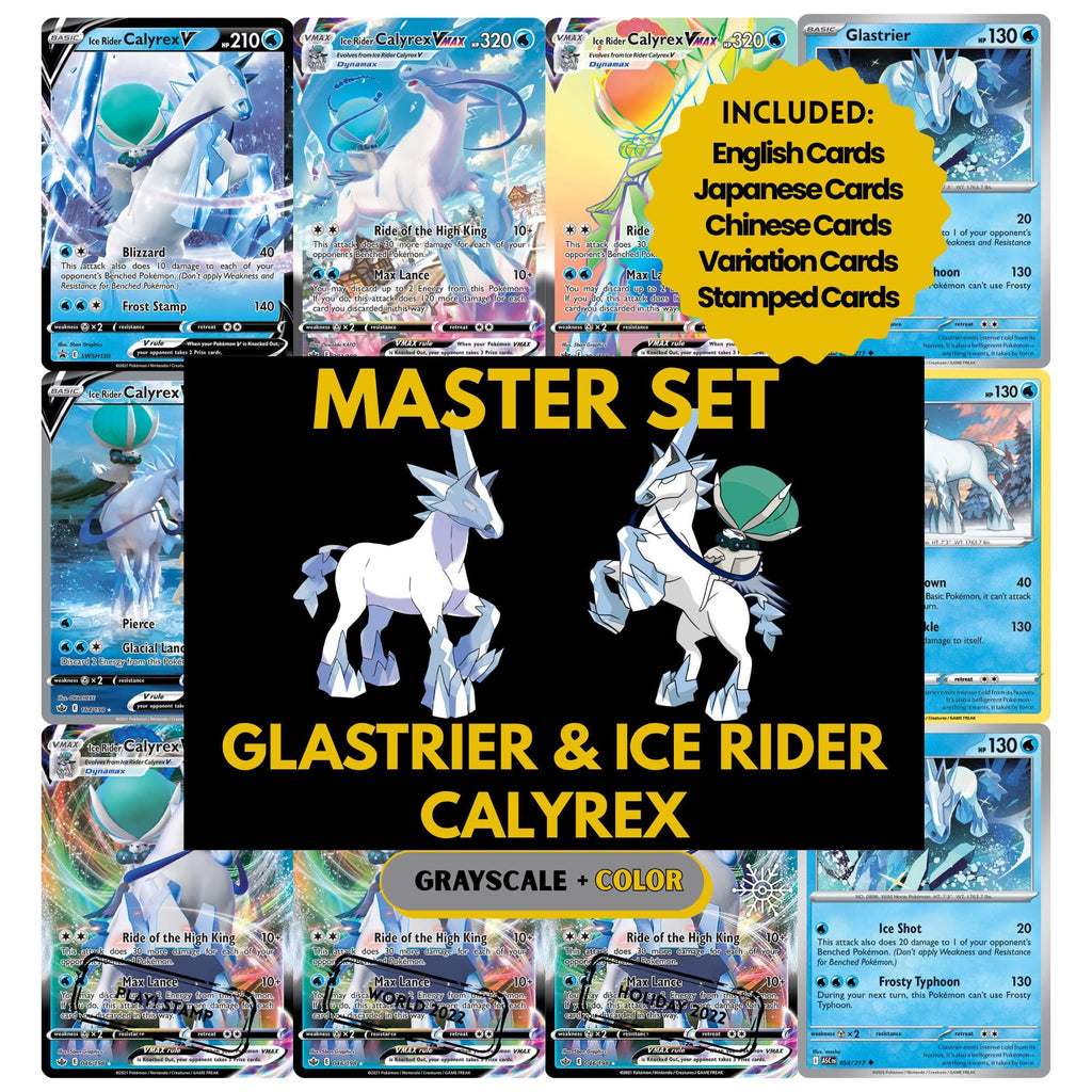 Glastrier & Ice Rider Calyrex binder pages set showing grayscale and color Pokémon cards, designed as a digital download to complete a collector’s binder.
