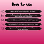 Skitty cards digital download instructions explaining how to print, cut, and place placeholders in a Pokémon binder.