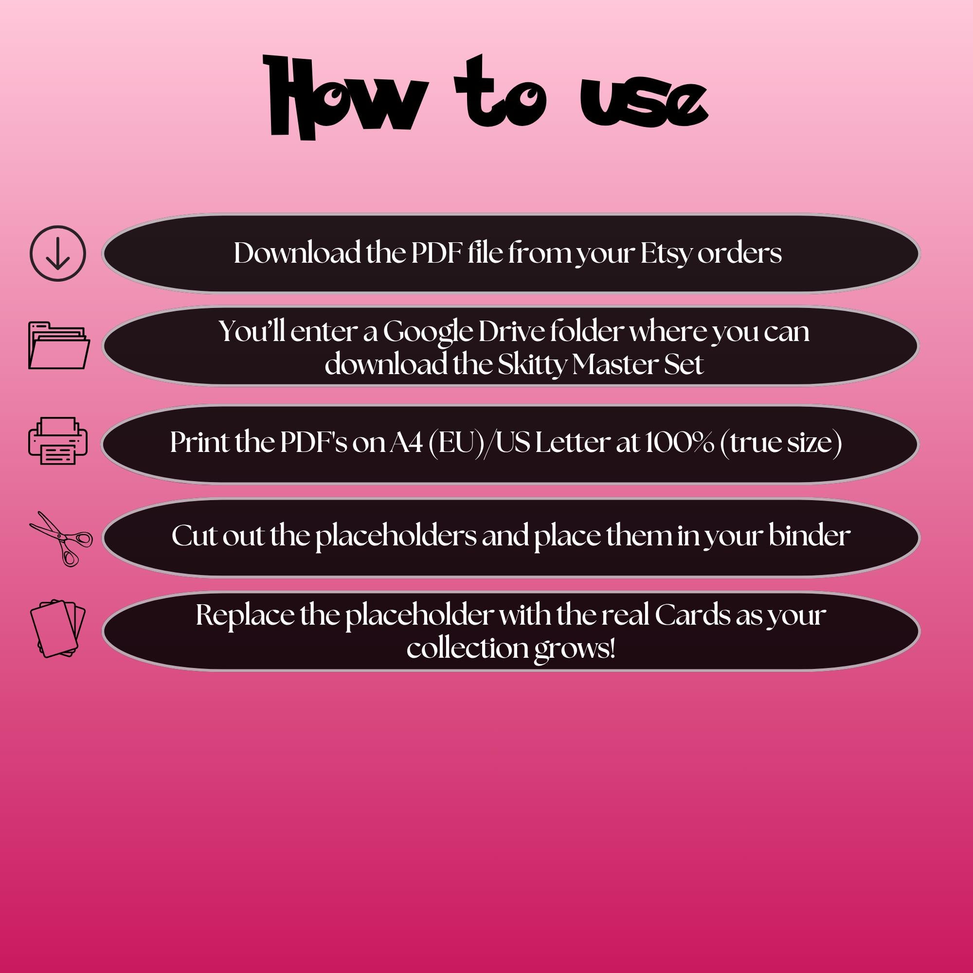 Skitty cards digital download instructions explaining how to print, cut, and place placeholders in a Pokémon binder.