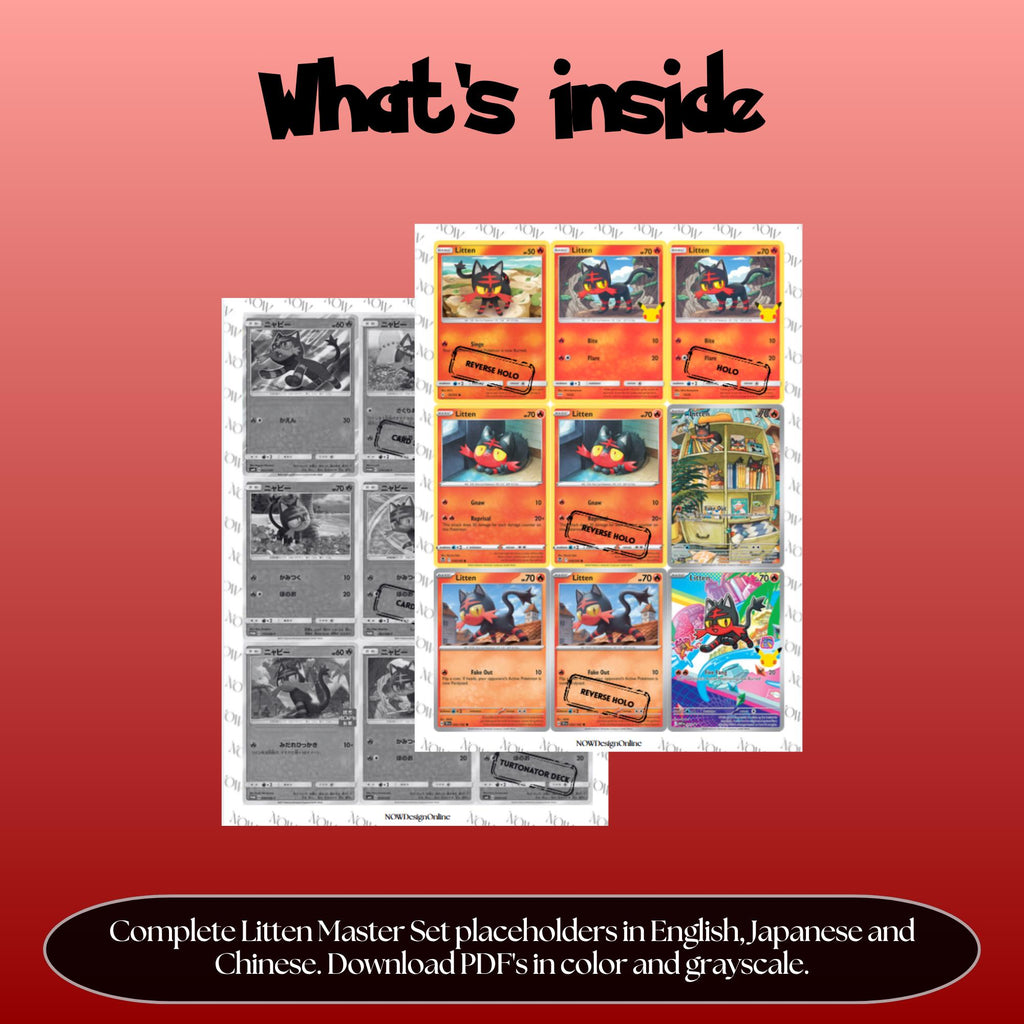 Litten binder pages set overview showing the included Pokémon cards to print and cut for your binder sleeves.