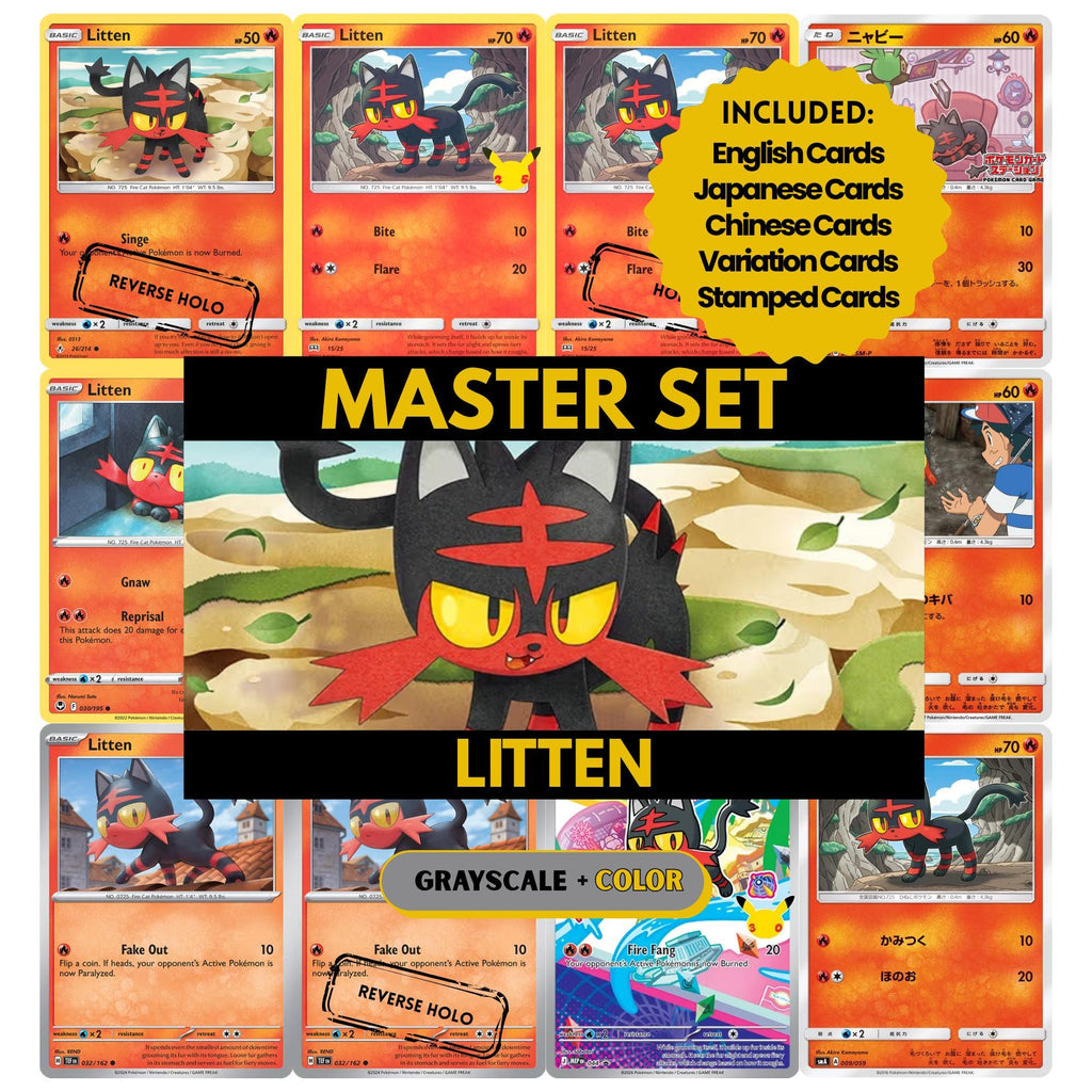 Litten binder pages set showing grayscale and color Pokémon cards, designed as a digital download to complete a collector’s binder.